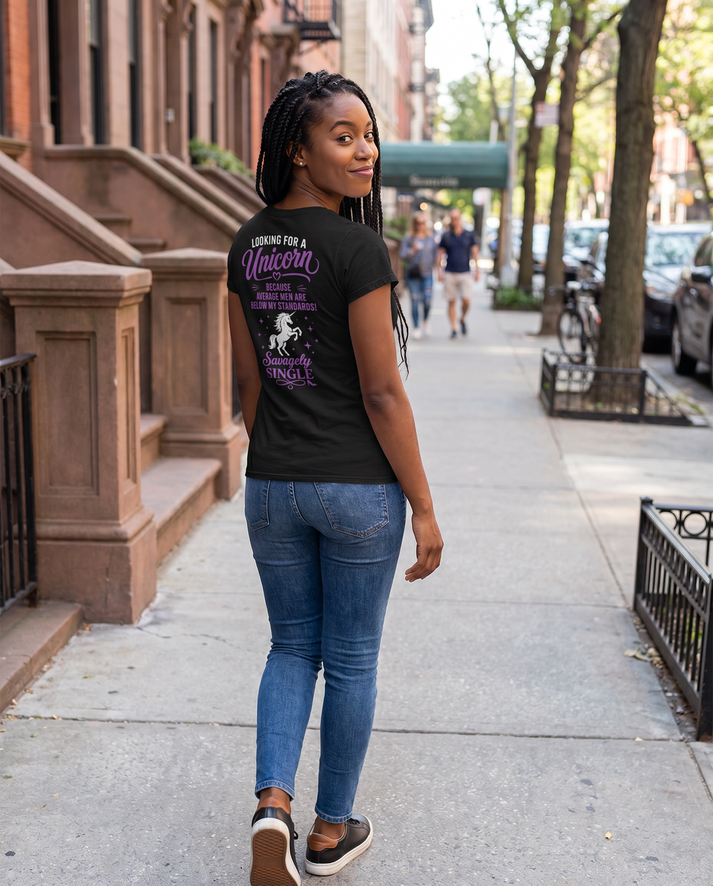 Savagely Single Unicorn Shirt - African American Model Back