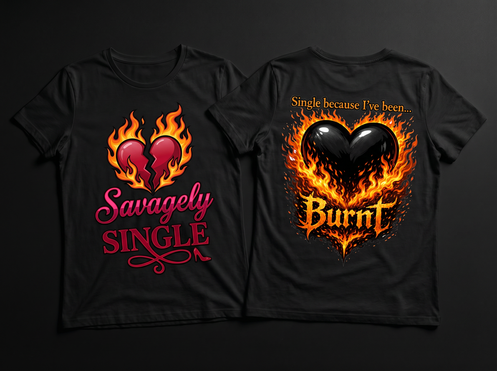 Savagely Single BURNT Heart Tee - Front and Back Side by Side