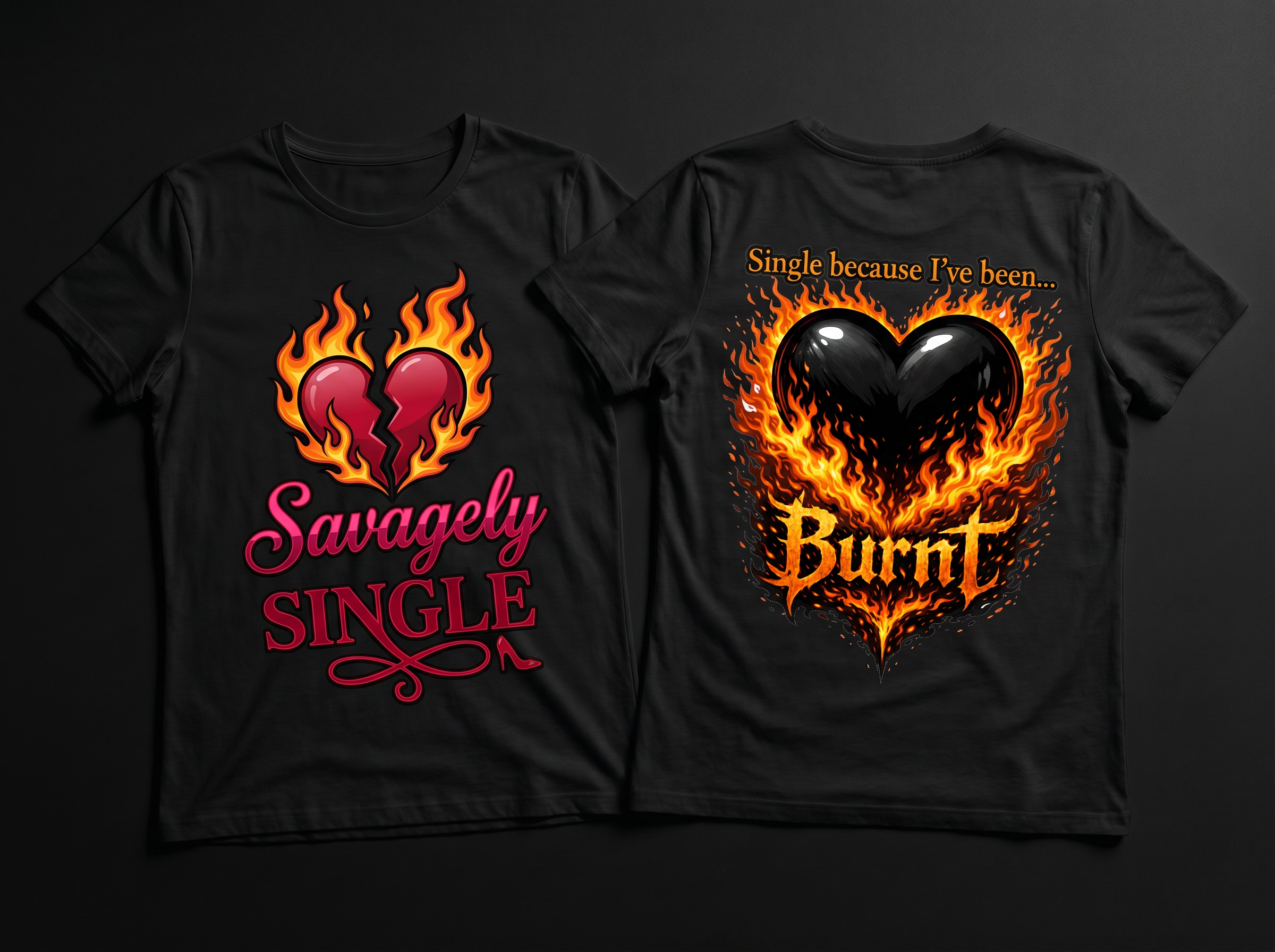 Savagely Single BURNT Heart Tee - Front and Back Side by Side