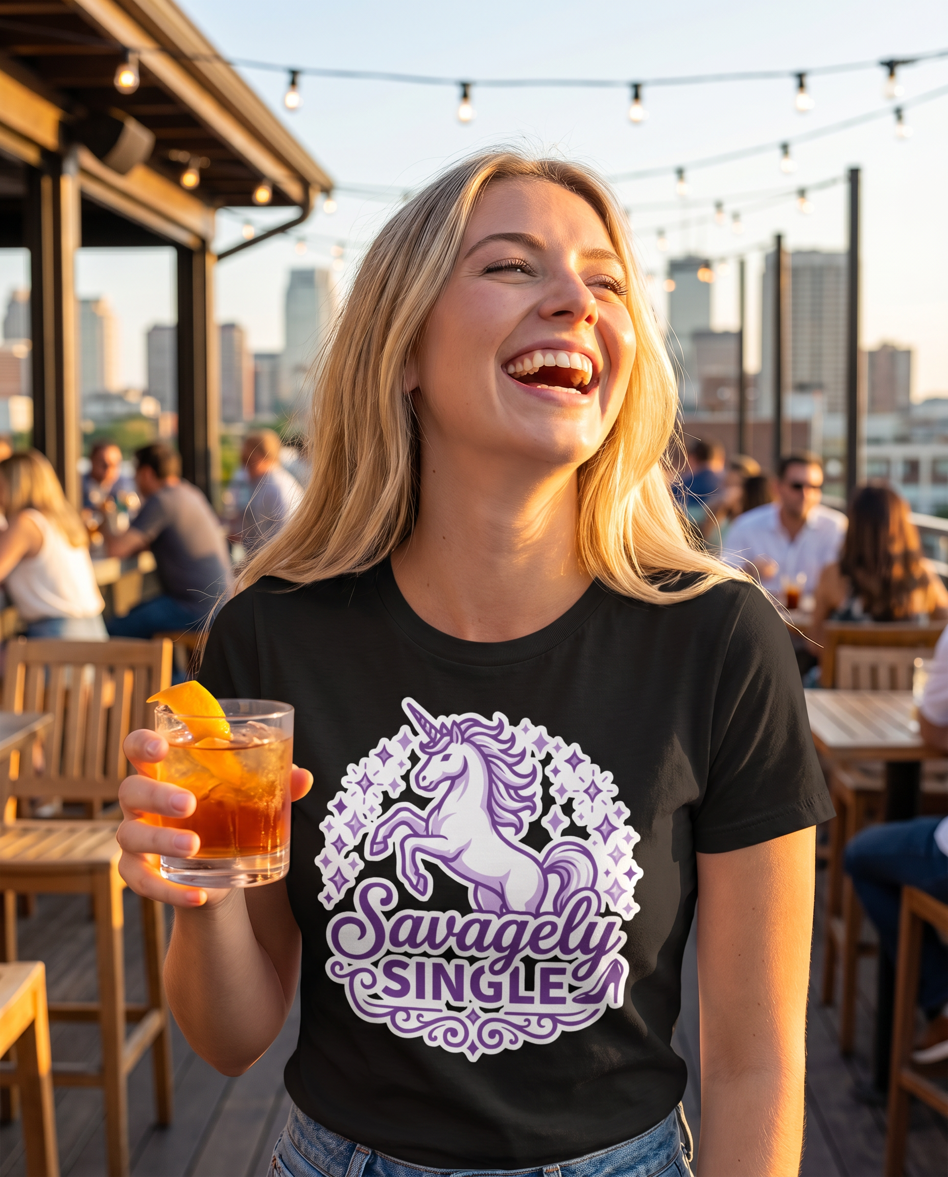 Savagely Single Unicorn Shirt - Model Front Rooftop Bar