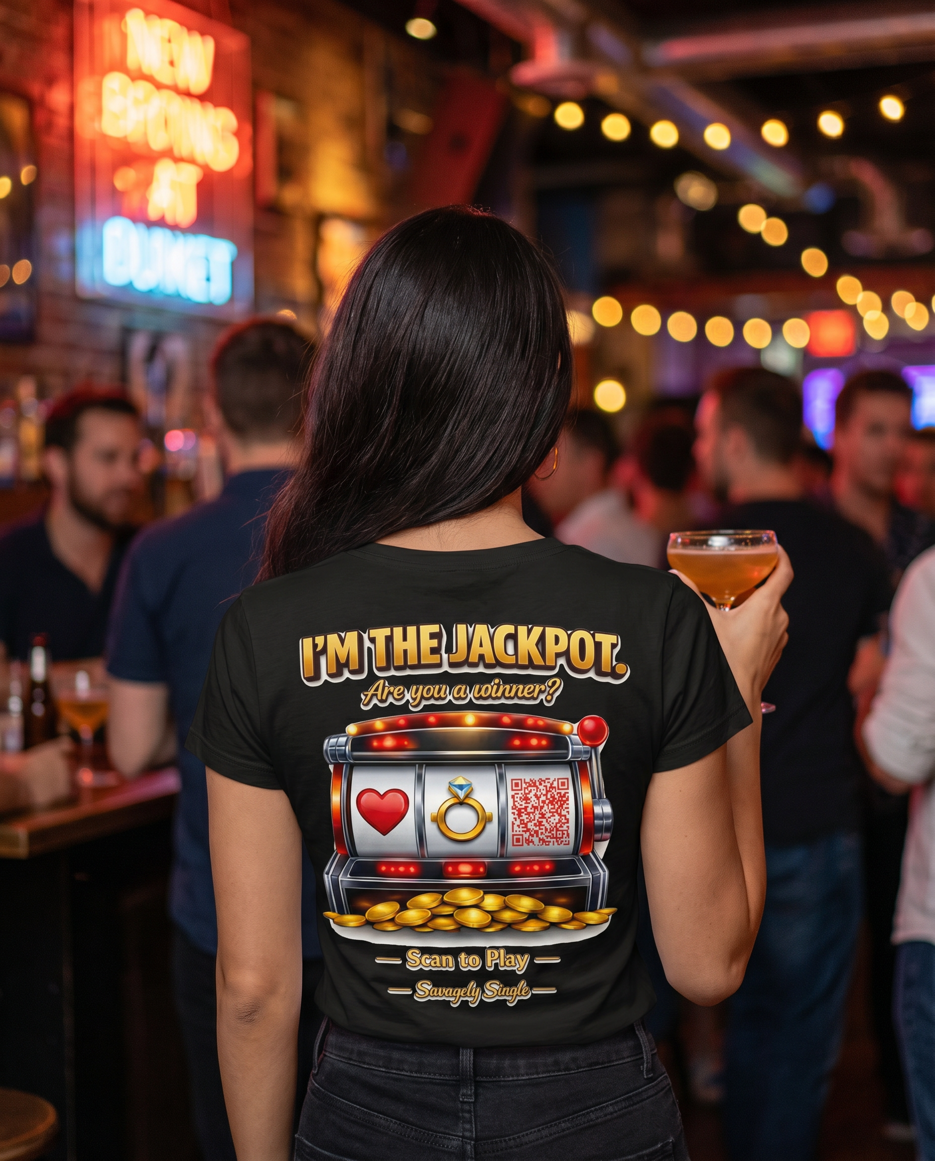 Savagely Single Jackpot Tee - Back View Bar Night Out