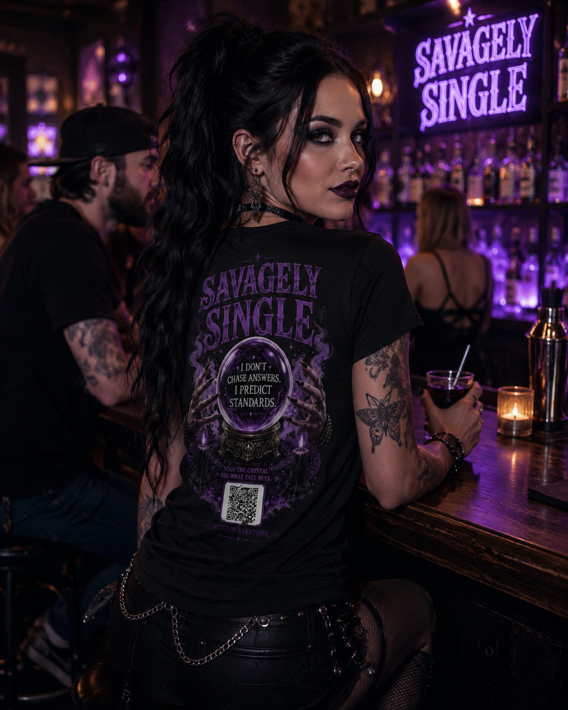 Crystal Ball Tee - Two women at bar, scanning QR code