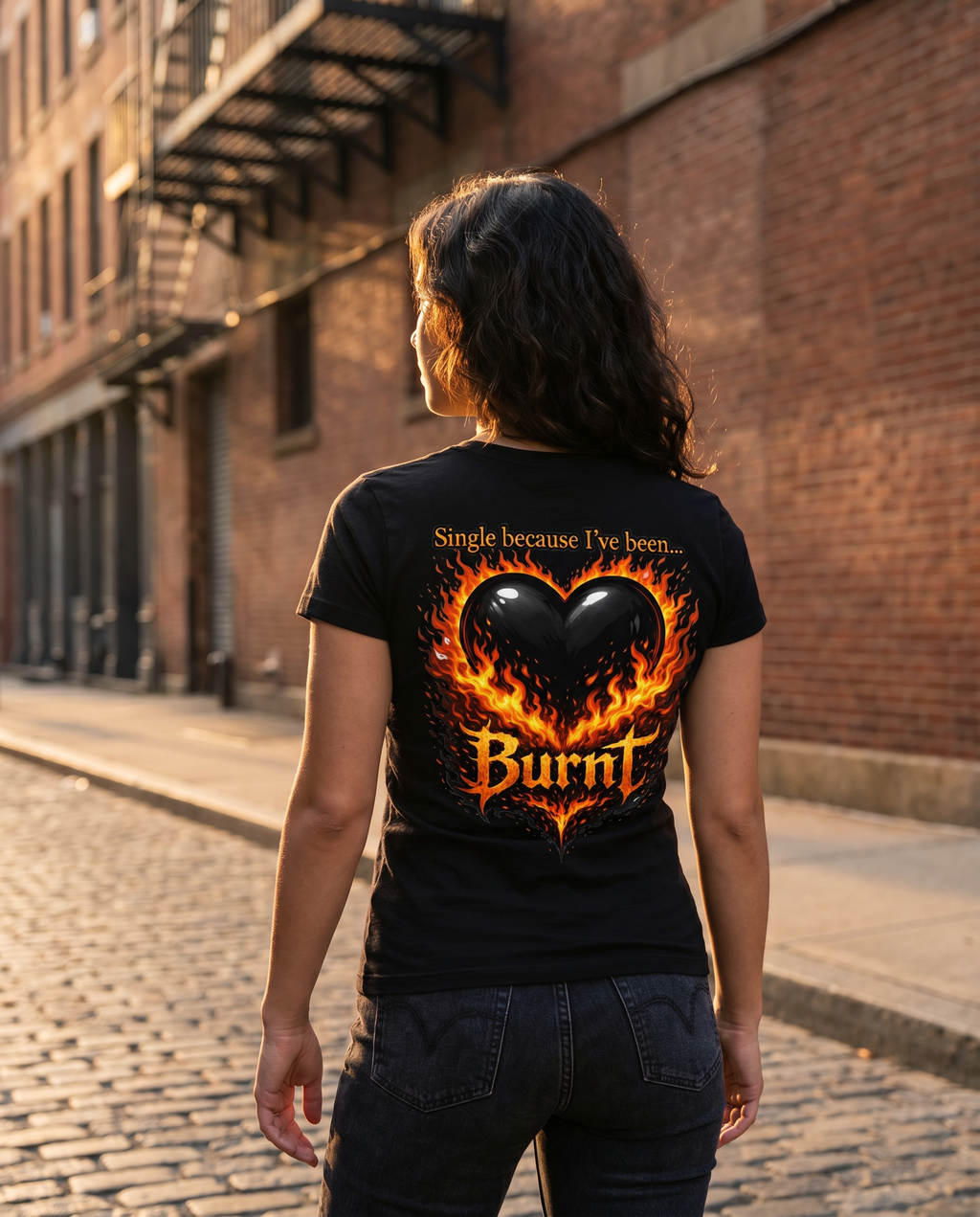 Savagely Single BURNT Heart Tee - Back View Outdoor City Street