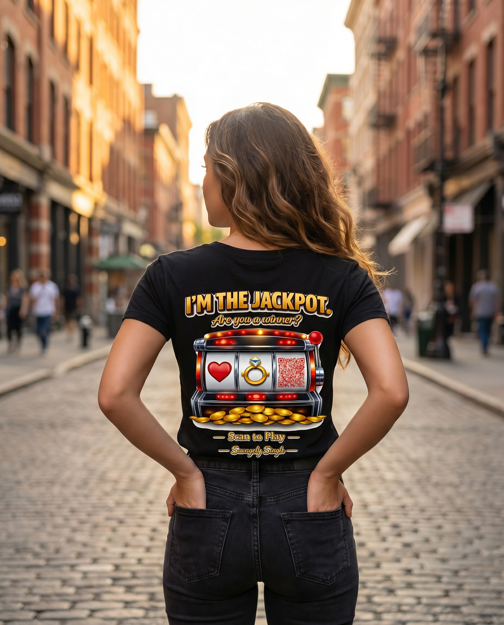 Savagely Single Jackpot Tee - Back View Outdoor City Street