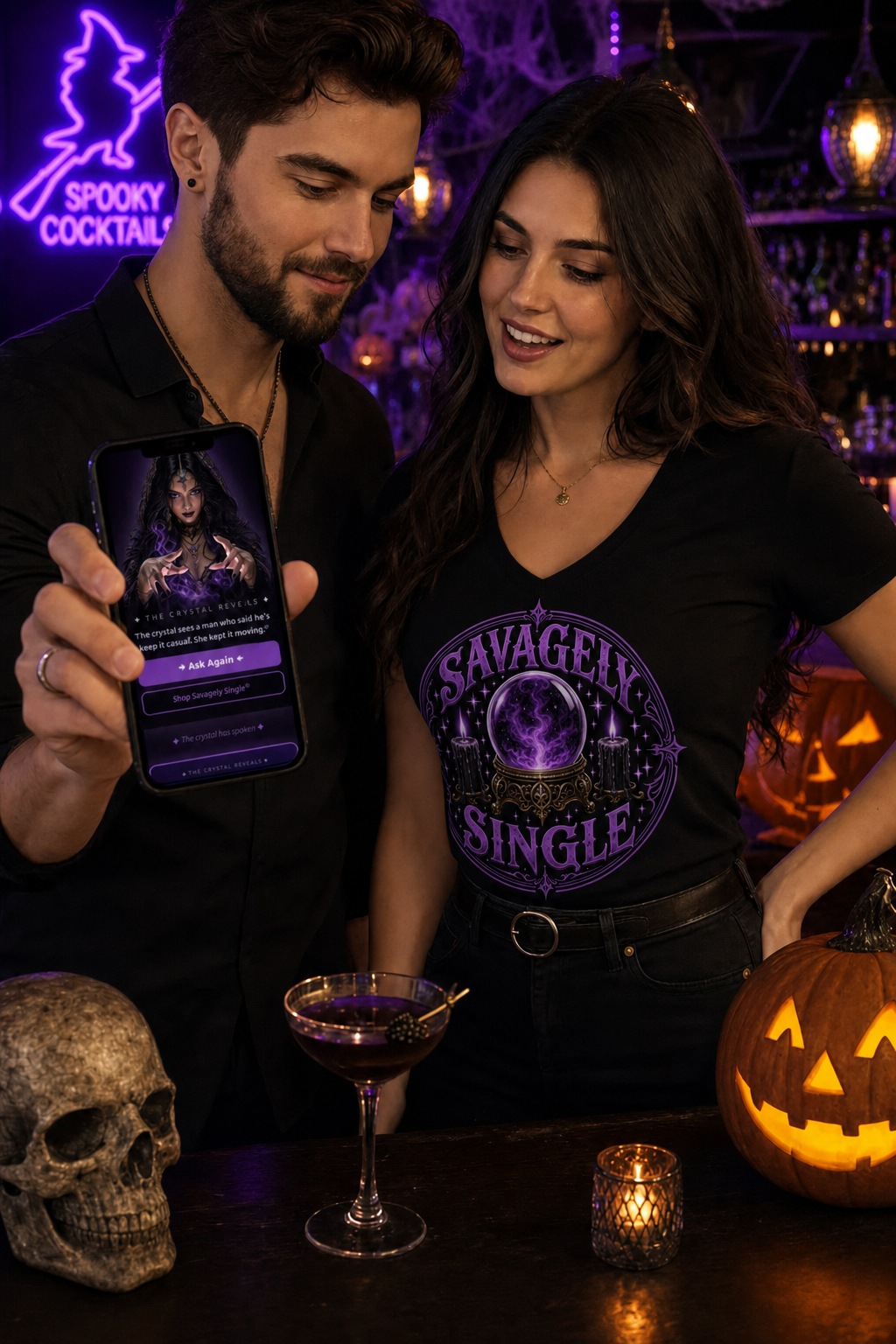 Crystal Ball shirt - couple at Halloween bar, man showing phone with Crystal Ball game