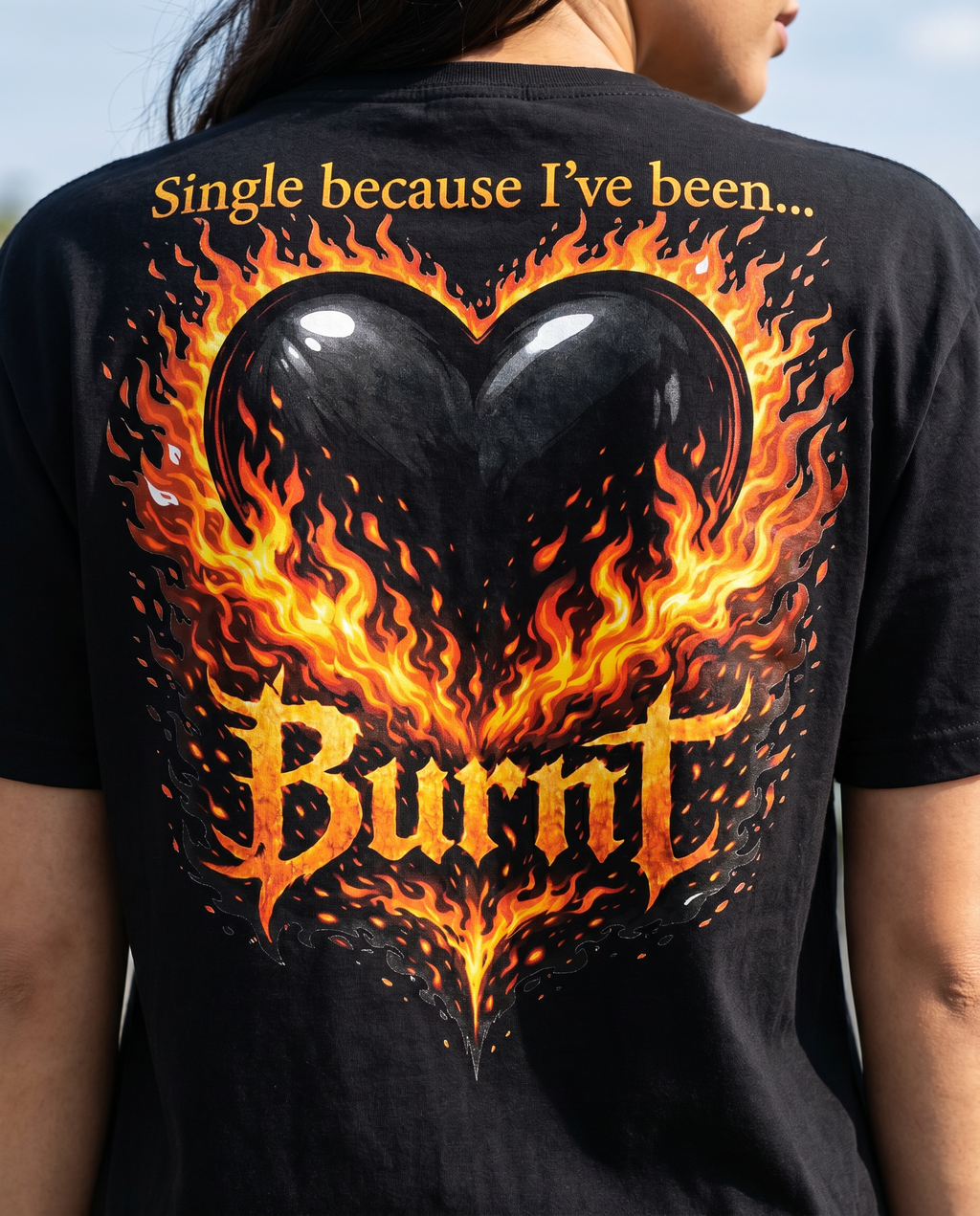 Savagely Single BURNT Heart Tee - Back Graphic Close-Up Detail
