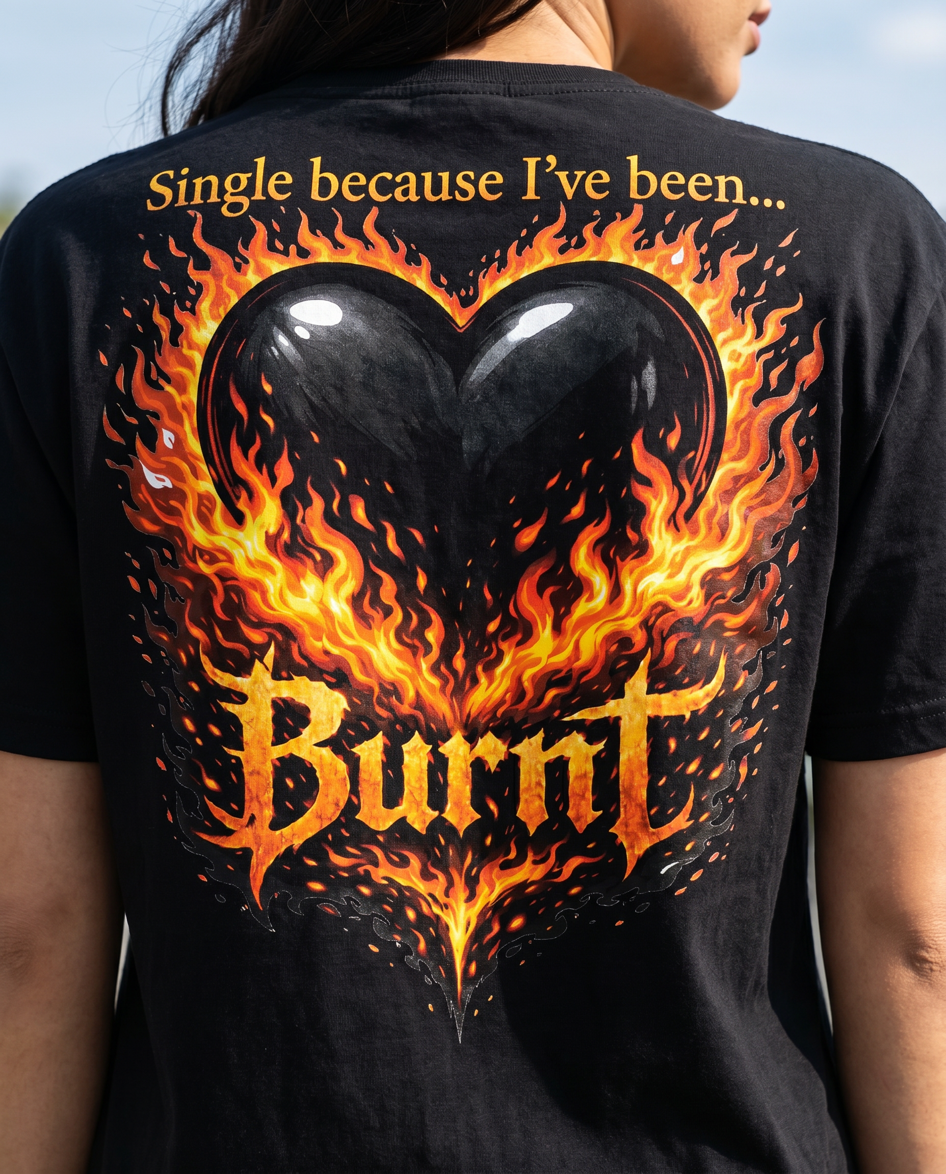 Savagely Single BURNT Heart Tee - Back Graphic Close-Up Detail
