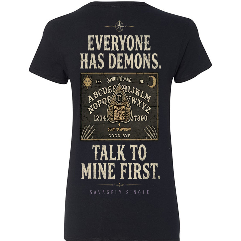 Spirit Board™ — Women's V-Neck T-Shirt by Savagely Single™ - Back View with QR Code