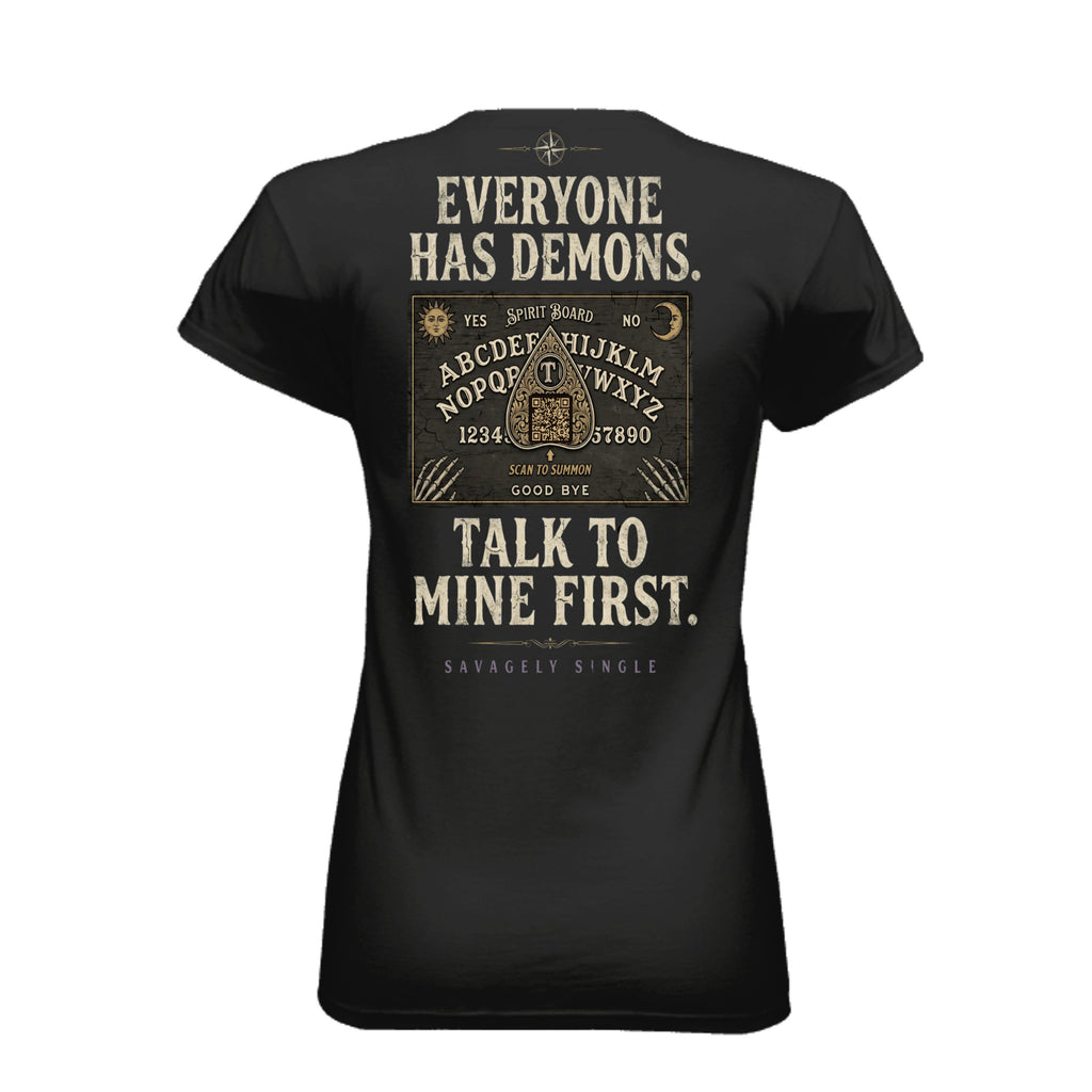 Spirit Board™ — Women's Fitted T-Shirt by Savagely Single™ - Back View with QR Code