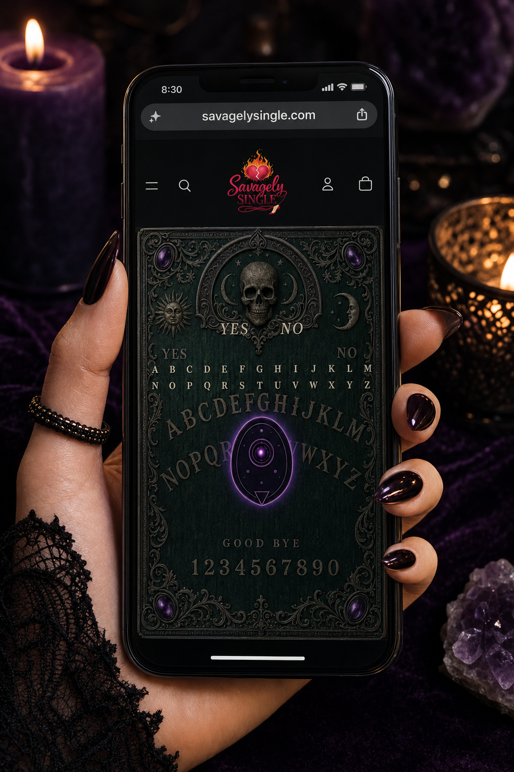 Spirit Board game on phone - gothic board with skull arch